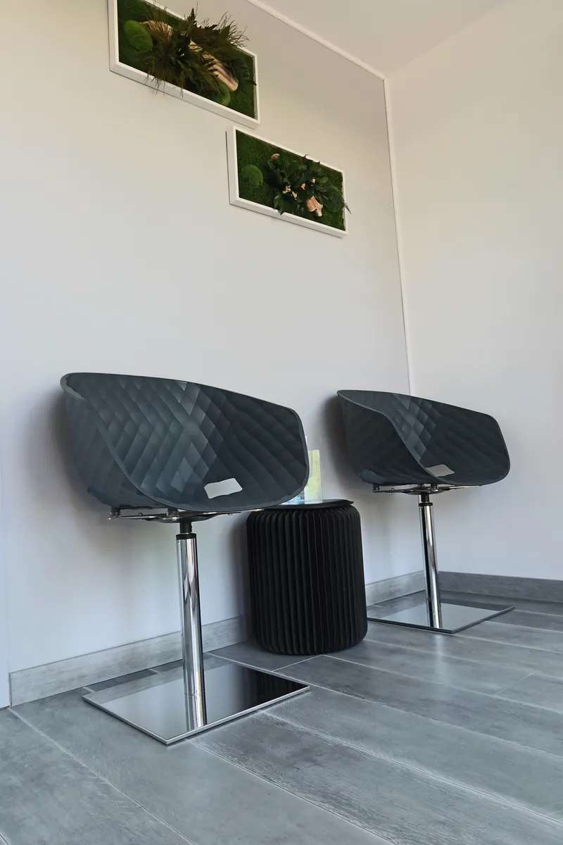 La salle d’attente du cabinet : deux fauteuils et deux tableaux végétaux